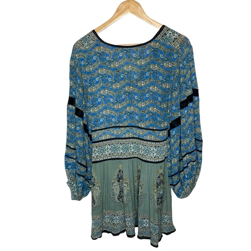 Free People Luna Scarf Print Tunic Ocean Blue Green